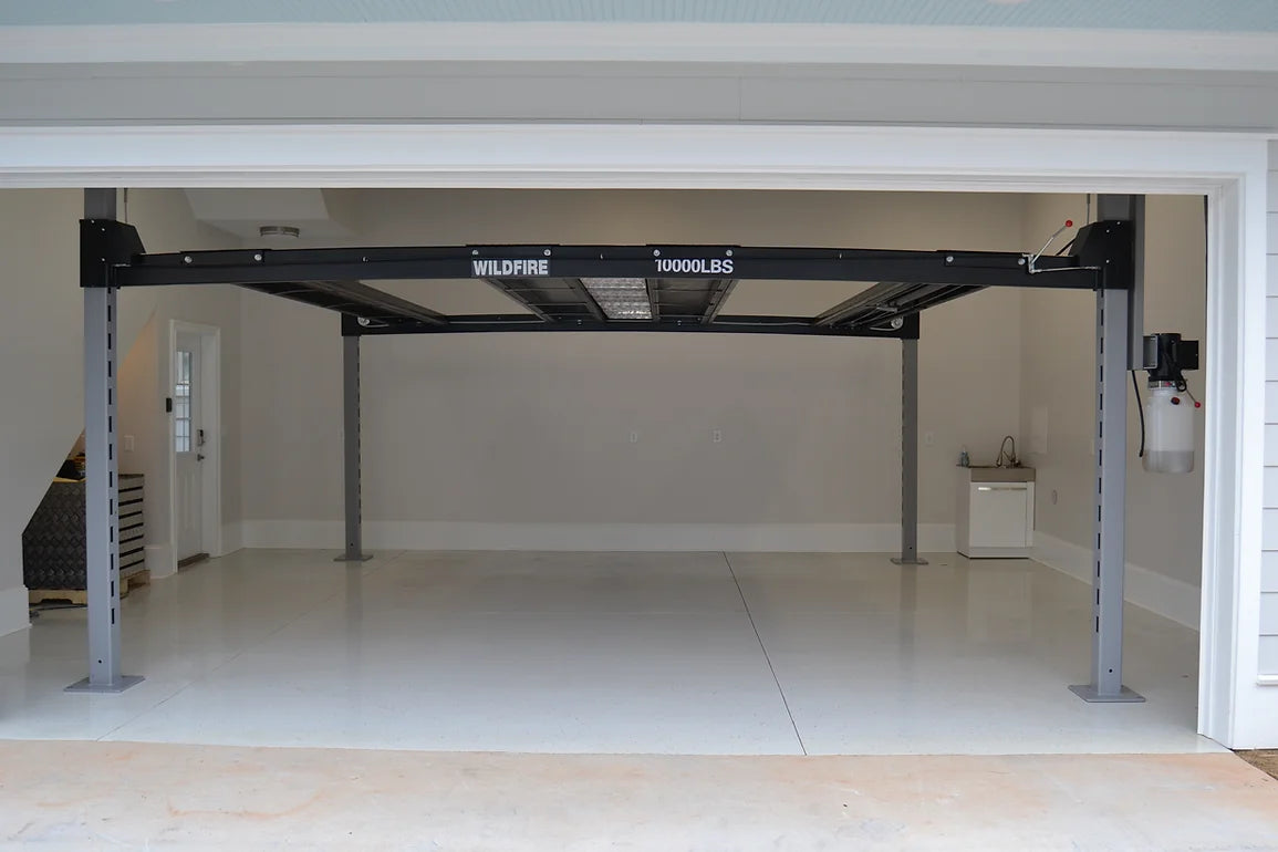 Garage setup with Wildfire double wide heavy duty car lift